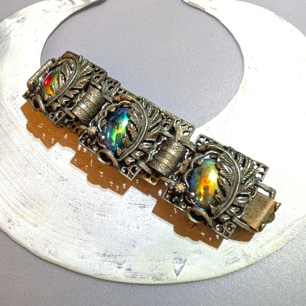 Renaissance Revival Vintage Aurora Borealis Glass and Rhinestone Chunky Bracelet